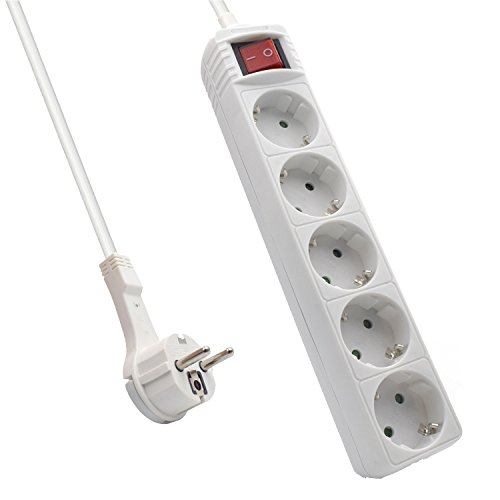 Ewent EW3955 Steckdosenleiste 5-fach mit Schalter und Kindersicherung, Save Space Plug/Flachstecker, Steckplätze 45 Grad gedreht, 1.5m Kabellänge, Weiß von Ewent