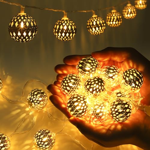 Ewikin Marokkanische Lichterkette, 20 LED Lichterkette Innen Batteriebetrieben, Goldene Lichterkette Kugeln mit Timer, Arabische Deko für Kinderzimmer, Hochzeit, Geburtstag von Ewikin