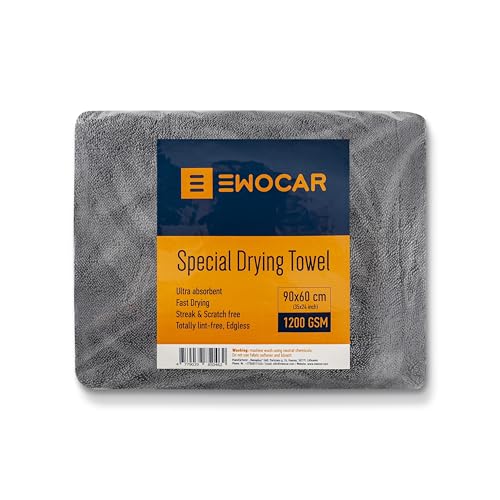 Ewocar Mikrofaser Auto Trockentuch 60x90cm – 1200GSM, Twisted Loop, Randlos, Ultra saugstark, Lackschonend, fusselfrei – Auto Trockenhandtuch für professionelle Fahrzeugpflege von Ewocar