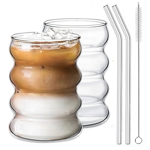 Ework4U 2 Stück Trinkgläser mit Glasstrohhalm, 400 ml, Glaswaren-Set, Cocktailgläser, Eiskaffeegläser, Biergläser, ideal für Wasser, Soda, Tee, Geschenk – mit Reinigungsbürste von Ework4U