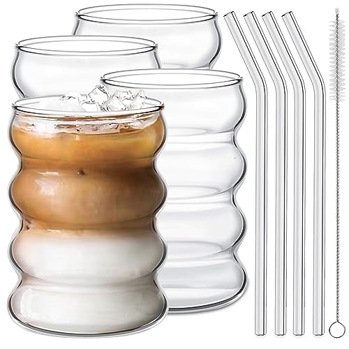 Ework4U 4 Trinkgläser mit Glasstrohhalm, 400 ml, Glaswaren-Set, Cocktailgläser, Eiskaffeegläser, Biergläser, ideal für Wasser, Limonade, Tee, Geschenk – mit Reinigungsbürste von Ework4U