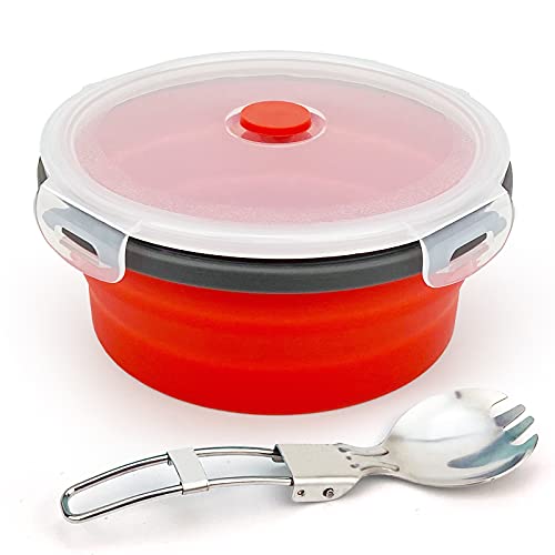 350ml faltbarer Lebensmittelbehälter mit luftdichtem Deckel, Silikon-Campingschüssel, mit faltbarem 2-in-1-Löffel, platzsparend, tragbarer Silikon-Lunchbehälter, gut für Mikrowellen-Gefrierschrank von Ewrap