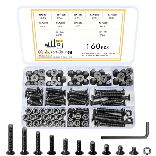 Ewwtrey 160 Stück M6 Schrauben Set, Innensechskant Senkkopfschrauben Muttern Set, Innensechskantschrauben mit Muttern Set, Flachkopf Maschinenschrauben Set, Schwarz Gewindeschrauben und Muttern Set von Ewwtrey
