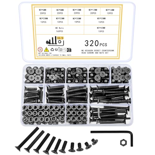 Ewwtrey 320 Stück M5 Schrauben Set, Innensechskant Senkkopfschrauben Muttern Set, Innensechskantschrauben mit Muttern Set, Flachkopf Maschinenschrauben Set, Schwarz Gewindeschrauben und Muttern Set von Ewwtrey