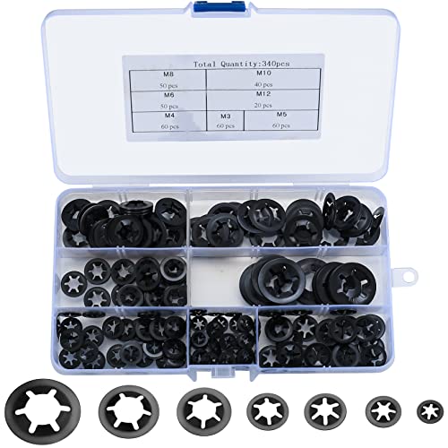 Ewwtrey 340 Stück Sicherungsscheiben, Starlock Unterlegscheiben, Innenzahn Schnellverschluss Haltering Snap Sicherungsring Sortiment Kit - Schwarz, M3, M4/M5/M6/M8/M10/M12 von Ewwtrey