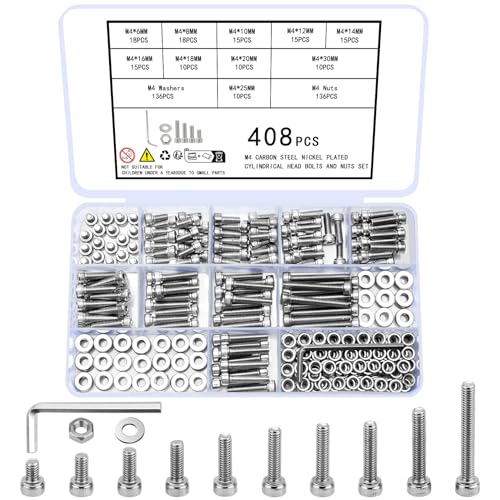 408 STK M4 Schrauben Set, Zylinderschrauben mit Innensechskant Schrauben Muttern Set, Schwarze Sechskantschrauben Set, Maschinenschrauben und Muttern und Unterlegscheiben Set, Gewindeschrauben Set von Ewwtrey