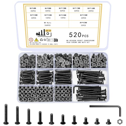 Ewwtrey 520 Stück M4 Schrauben Set, Innensechskant Senkkopfschrauben Muttern Set, Innensechskantschrauben mit Muttern Set, Flachkopf Maschinenschrauben Set, Schwarz Gewindeschrauben und Muttern Set von Ewwtrey