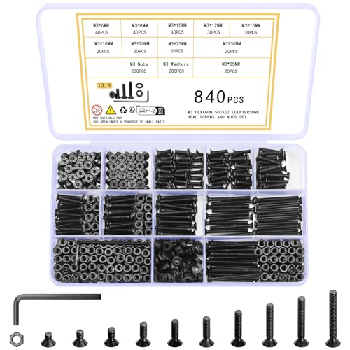 Ewwtrey 840 Stück M3 Schrauben Set, Innensechskant Senkkopfschrauben Muttern Set, Innensechskantschrauben mit Muttern Set, Flachkopf Maschinenschrauben Set, Schwarz Gewindeschrauben und Muttern Set von Ewwtrey