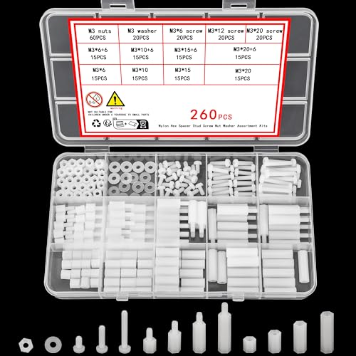 Ewwtrey 260 Stück M3 Nylon Sechskantschrauben Mutter Schaltungs Abstandshalter, Männlichen Weiblichen Schrauben Muttern Sortiment Set, PCB Platinen Zylinderabstandshalter Sortiment Weiß von Ewwtrey