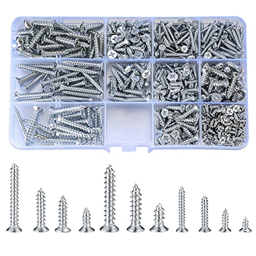 Ewwtrey 537 Stk M3 M4 M5 Selbstschneidende Schrauben Sortiment, verzinktes Kreuz Flachkopf Senkschrauben Set, Holz Maschinen Befestigungs Schrauben für Heimwerker - 11 Größen (Silber 537) von Ewwtrey