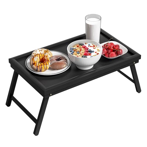 EXABANG Frühstückstablett Bambus Betttisch Klappbar Betttablett Essenstablett mit Fuß Tabletttisch Bed Table Klapptisch Bett Tablett Tisch Tablett (50 * 30 * 23 cm, Schwarz) von Exabang
