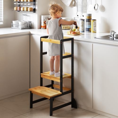 EXABANG Lernturm für Kinder, Stylisch Kippschutz Montessori Höhenverstellbar Learning Tower aus 100% Natürlicher Bambus, Höchste Sicherheit ab 1 Jahr für Küche Tisch Bad von Exabang