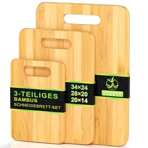 EXABANG Schneidebrett Holz 3er Set 34x24cm - 28x20cm - 22x14cm Bambus Schneidebretter, Holzbrett Küche, Brotbretter und Servierbretter, Cutting board von Exabang