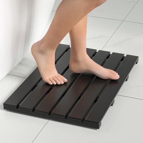 Exabang Badematte rutschfest Bambus Badvorleger Badezimmerteppich Badteppich Duschvorleger Bathroom Mat Badezimmer Matte Duschteppich für Dusche, Badewanne und Toilette (54 * 36 * 3cm, Schwarz) von Exabang