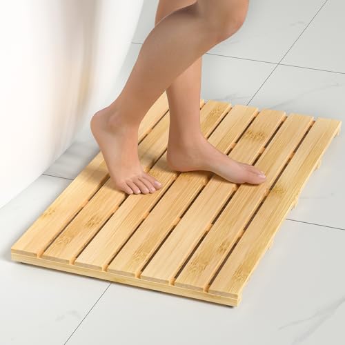 Exabang Badematte rutschfest Bambus Badvorleger Badezimmerteppich Badteppich Duschvorleger Bathroom Mat Badezimmer Matte Duschteppich für Dusche, Badewanne und Toilette (80 * 46,6 * 3,3cm, Natur) von Exabang