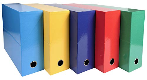 Exacompta 89920E Packung (mit 5 Transferboxen Iderama aus laminiertem Karton, robust und strapazierfähig, 24 x 32 cm, ideal für Ihre Dokumente in Format DIN A4, Rücken 90mm) farbig sortiert, 5 Stück von Exacompta