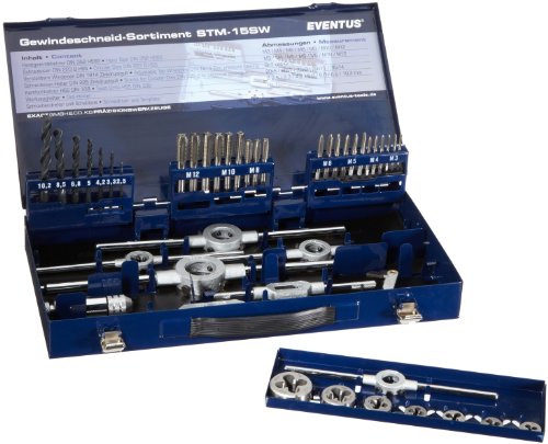 Eventus by Exact 10722 Gewindeschneidsatz 44-tlg. HSS M3-M12 metrisch incl. Handgewindebohrer, Schneideisen+Halter, Windeisen, Kernlochbohrer, Werkzeughalter von Exact