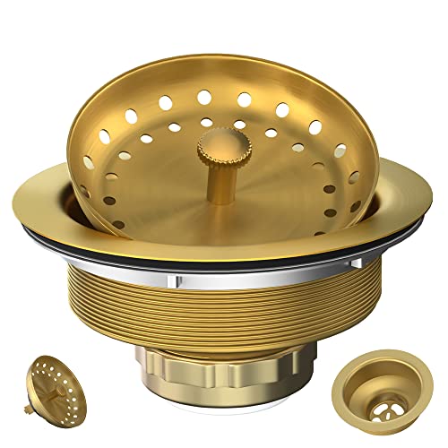 EXAKEY Küchenspüle Abfluss Gold Spülbecken Abflusssieb mit festem Pfosten 8,9 cm Küchenablauf Montage mit Siebkorb und Ablaufstopfen für Standard-Küchenspüle Edelstahl Gebürstet Gold von Exakey
