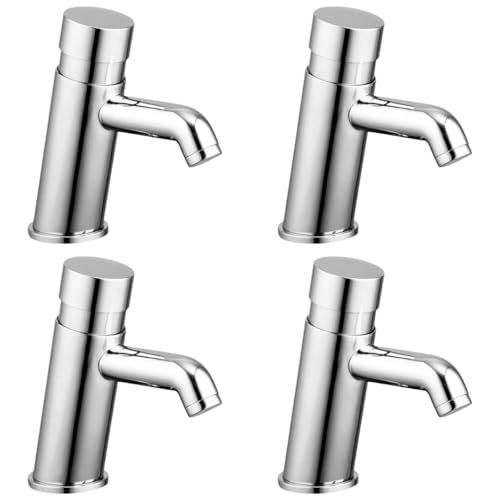 Badezimmer Push Button Nicht konkussiv Waschbecken Wasserhahn Chrom - Selbstschließend, Wassereffizient, Einstellbarer Timer, Modernes Messingdesign, Rot & Blau Silikonringe (4) von Excel Home