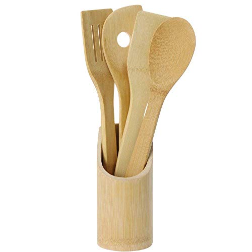 Excellent Houseware Holzlöffel-Set Küchenhelfer-Set Bambus 5-teilig mit Löffel, Palette, Spachtel und Korb von Excellent Houseware