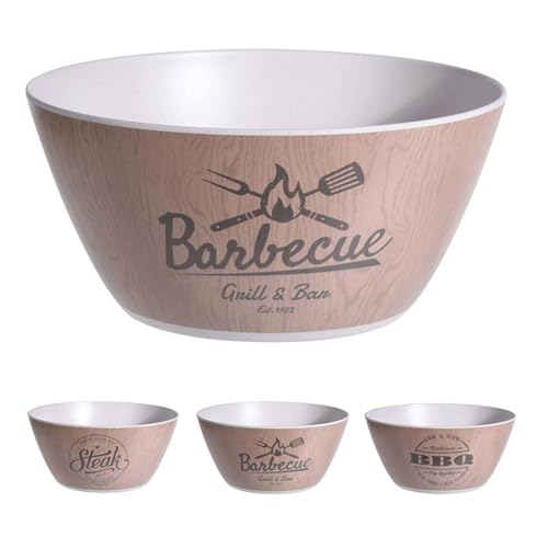 Excellent Houseware Schüssel 25,5x11,5cm Melamin Holzoptik 1 Stück Sortiert - stabile Kunststoffschale mit Motiv BBQ Grillen Steak - Outdoor Geschirr - Salatschüssel Grillparty - Braun von Excellent Houseware