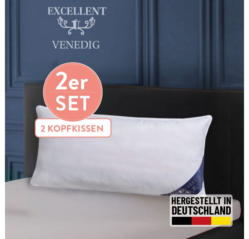 Excellent Kopfkissen Venedig, Füllung: weiße neue Gänsedaunen, Klasse I, 100% Daunen (Außen), weiße neue Gänsefedern, Klasse I, 100% Federn (Innen), Bezug: feiner Daunen-Batist, 100% Baumwolle, Bauchschläfer, Rückenschläfer, Seitenschläfer, hergestellt in Deutschland von Excellent