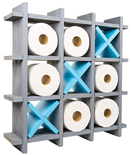 EXCELLO GLOBAL PRODUCTS Grauer Toilettenpapierhalter aus Holz: Tic Tac Toe Design für Wandmontage oder freistehende Badezimmer-Toilettenpapier-Aufbewahrung von Excello Global Products