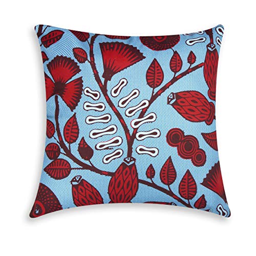 Excelsa Afrika Blätter Dekoratives Kissen, Füllung inklusive, Bezug aus Baumwolle, Rot und Hellblau, 45 x 45 cm von Excelsa