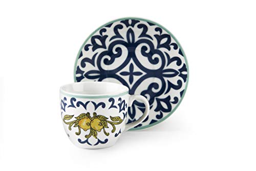 Excelsa Amalfi Set aus 6 Kaffeetassen mit Untertassen, Dekoriertes Porzellan von Excelsa