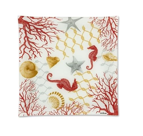 Excelsa Coral Tablett aus Glas, dekoriert, 30 x 30 cm, Meeresmotiv mit Korallen und Muscheln von Excelsa