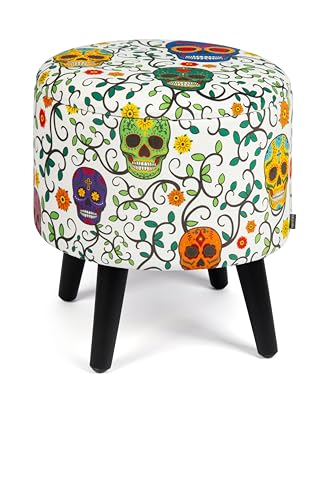 Excelsa Living Runder dekorativer Sitzhocker mit Aufbewahrungsfach, Samt, mehrfarbig, rund, 38 x 45 cm, Gestell und Beine aus Holz, für den Innenbereich (Calavera) von Excelsa