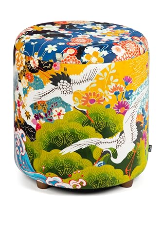 Excelsa Living Runder dekorativer Sitzhocker mit Stauraum, Samt, mehrfarbig, 39 x 43 cm, mehrfarbig, gepolsterter Sitz mit Holzfüßen, Tragkraft 150 kg (Kimono) von Excelsa