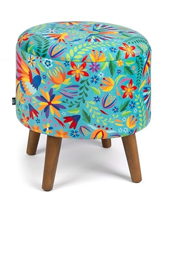 Excelsa Living Runder dekorativer Sitzhocker mit Stauraum, mehrfarbiger Samt, rund, 38 x 45 cm, Gestell und Beine aus Holz, für den Innenbereich (Mexican Flowers) von Excelsa