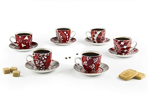 Excelsa 64807 Mandala Red Set aus 6 Kaffeetassen mit Untertassen, Porzellan Excelsa 64807 Mandala Red Set aus 6 Kaffeetassen mit Untertassen, Porzellan von Excelsa