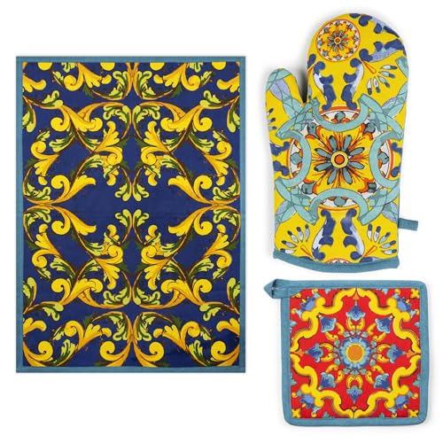 Excelsa Trinacria Küchenset, Geschirrtuch 50 x 70 cm, Topflappen 20 x 20 cm, Ofenhandschuh 32 x 18 cm, sizilianisches Motiv von Excelsa