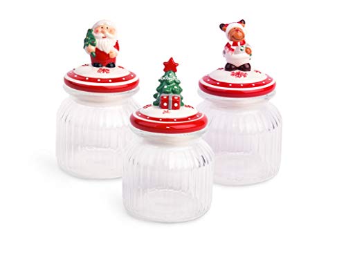 Excelsa Xmas Set aus 3 Vorratsdosen, Glasbehälter, Keramikdeckel, transparent mit Verzierungen, Fassungsvermögen: 650 ml von Excelsa