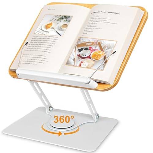 Buchständer Holz - 360 Grad Drehung Buchhalter Leseständer mit Stabilem Aluminiumlegierungssockel und Höhenverstellbarem Arm, Bücherständer für Dicke Bücher und Rezepte von Excerando