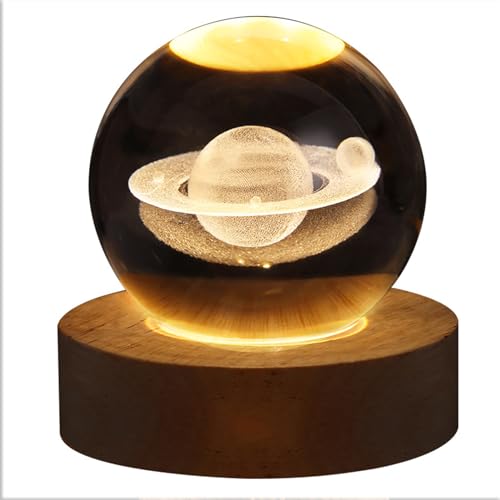 Excerando Glaskugel Lampe - 3D Saturn Lampe Kristallkugel Glaskugel Deko Mit Buntem LED-Licht und Holzsockel, Led Deko Licht Stimmungslampe für Deko Wohnzimmer und Deko Schlafzimmer von Excerando