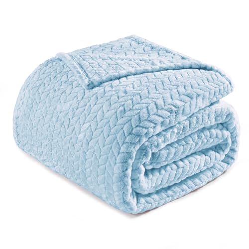 Exclusivo Mezcla Kuscheldecke Flanell-Fleecedecke mit Blättermuster, 230 x 270 cm Sofadecke für Ganzjahreszeit, Flauschig und Warm, Hellblau von Exclusivo Mezcla