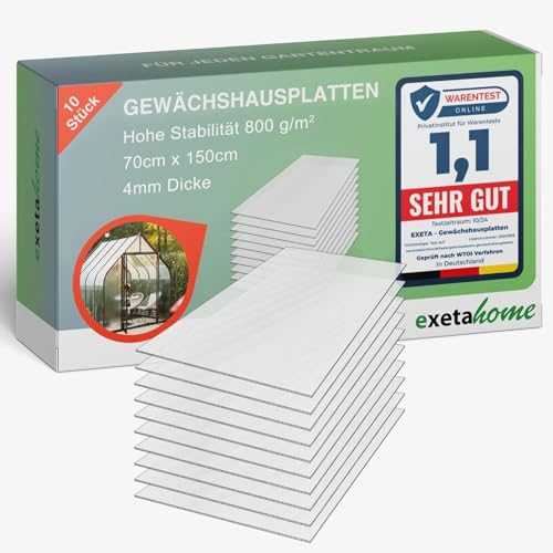 Exeta 10x Gewächshausplatten 4 mm I Polycarbonat Hohlkammerplatten für Gewächshäuser I PC Doppelstegplatten UV-beständig & bruchsicher I für Garten, Frühbeet uvm I 70 cm x 150 cm I Transparent von Exeta