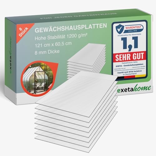 Exeta 8x Gewächshausplatten 8mm I Polycarbonat Hohlkammerplatten für Gewächshäuser I PC Doppelstegplatten UV-beständig & bruchsicher I für Garten, Frühbeet uvm I 60,5cm x 121cm I Transparent von Exeta