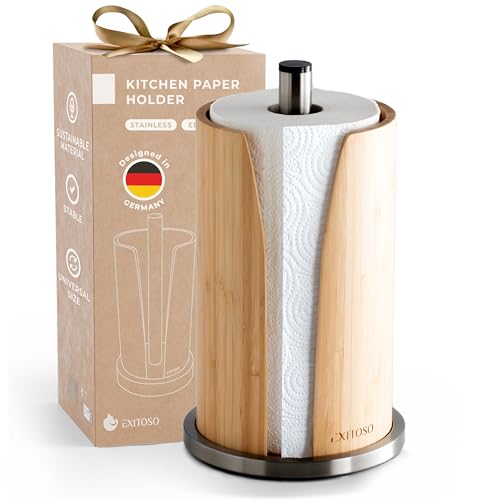 EXITOSO Küchenrollenhalter Bambus - Halter Küchenrolle Edelstahl - Küchentuchhalter - Küchenrollenhalter stehend - Küchenpapierhalter - Küchenrollenhalter Holz - Papierrollenhalter Küchenrolle von Exitoso