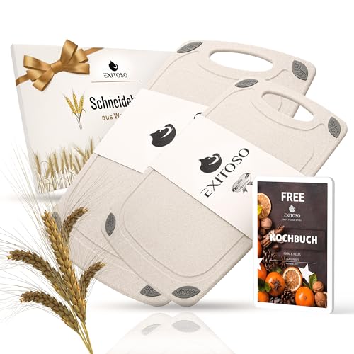EXITOSO Schneidebrett Rutschfest Spülmaschinenfest 2er Set mit Weizenstroh - Schneidebretter Jausenbrett Spülmaschinenfest Küchenbretter - Schneideunterlage Bretter Küche Board - Frühstücksbrettchen von Exitoso
