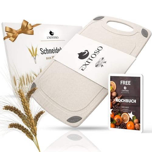 Exitoso® Das Original Schneidebrett mit Weizenstroh, Saftrille und Griff, Frankfurter Brett, Spülmaschinenfest und antibakteriell Brotbrettchen, Nachhaltiges Schneidbrett 32x20 von Exitoso