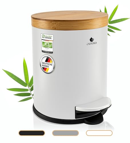 Exitoso 5L Mülleimer Bad Weiß - Kosmetikeimer mit Bambus-Holzdeckel und Absenkautomatik - mit Rutschfest Pad - Tretmülleimer Bad aus Edelstahl - Badmülleimer - Badezimmer Mülleimer von Exitoso