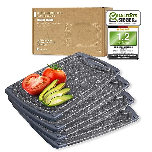 Exitoso Frühstücksbrettchen 4er Set mit Saftrille - Schneidebrett Spülmaschinenfest - Marmoroptik dunkel Schneidebrett Kunststoff rutschfest BPA frei - Frühstücksbrettchen Kunststoff Brettchen Set von Exitoso