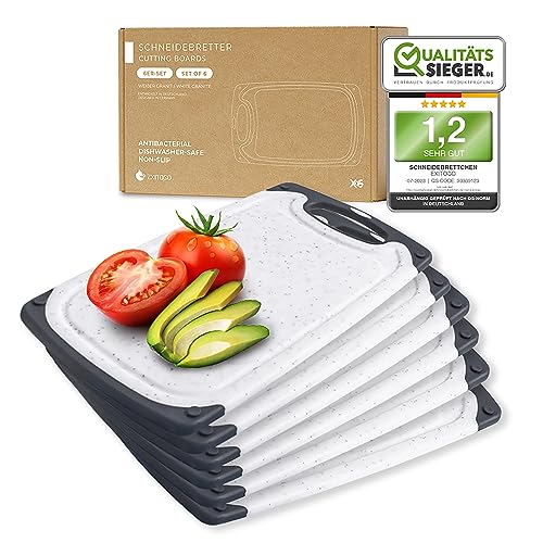 Exitoso Frühstücksbrettchen 6er Set mit Saftrille - Schneidebrett Spülmaschinenfest - Marmoroptik hell Schneidebrett Kunststoff rutschfest BPA frei - Frühstücksbrettchen Kunststoff Brettchen Set Brett von Exitoso