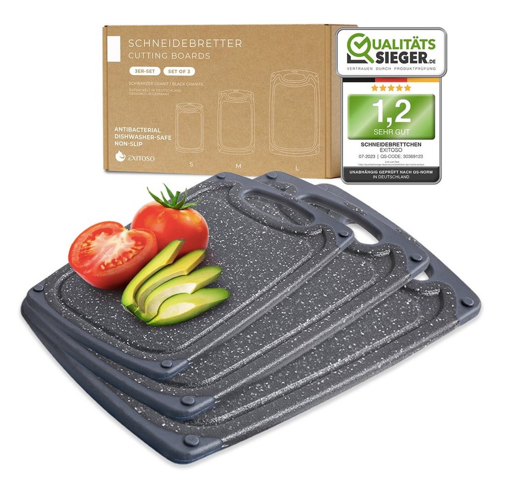 Exitoso Schneidebrett 3er-Set Marmor spülmaschinenfest mit Saftrille, Kunststoff, (3-St), Brotzeitbrett Frühstücksbrettchen Brot Obst Steak rutschfest von Exitoso