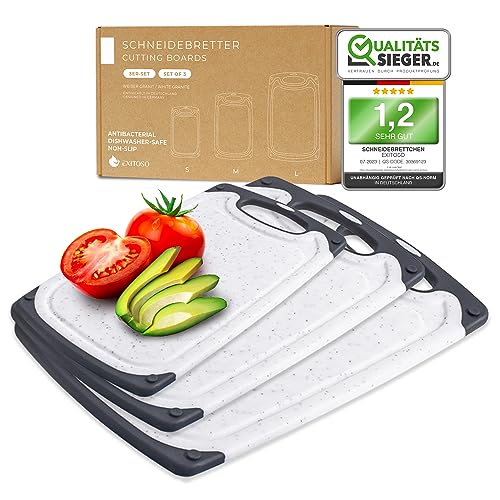 Exitoso Schneidebrett 3er Set Mit Saftrille - Spülmaschinenfest Und Rutschfest - Marmoroptik Weiß Kunststoff BPA Frei - Groß von Exitoso