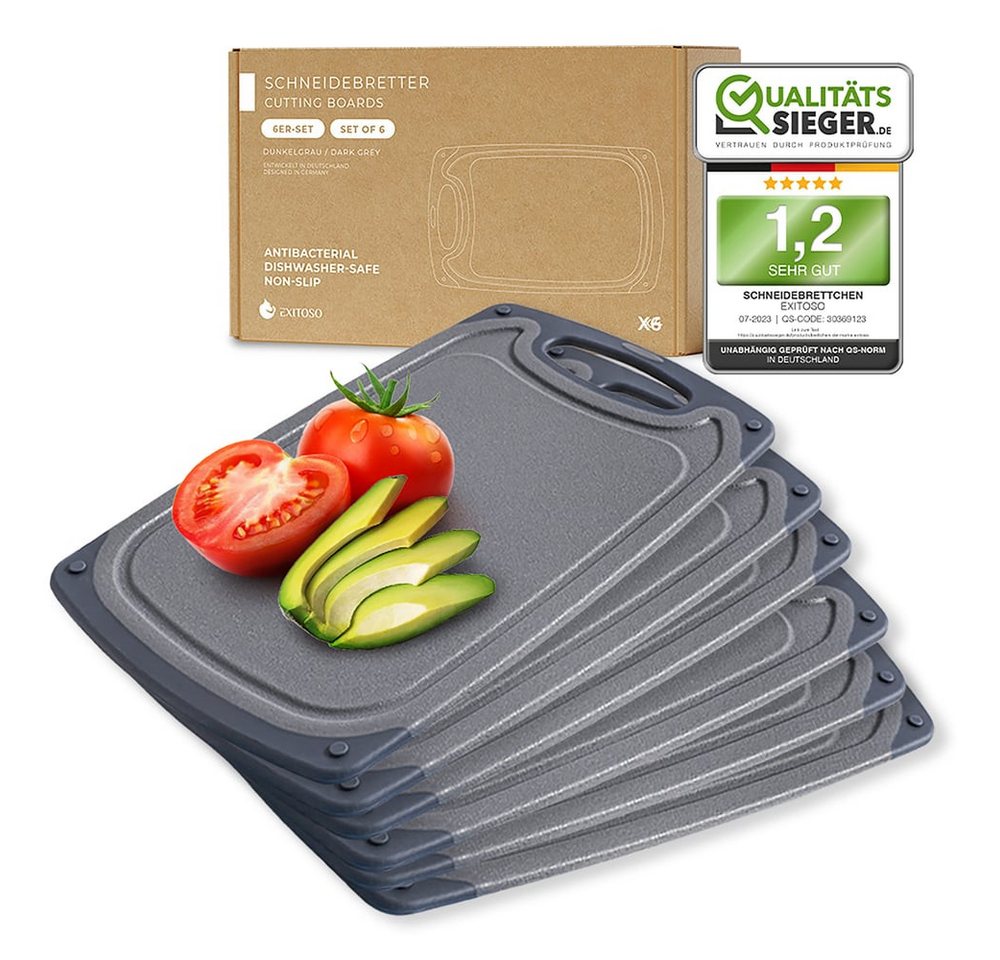 Exitoso Schneidebrett 6er-Set spülmaschinenfest mit Saftrille, Kunststoff, (6-St), Brotzeitbrett Frühstücksbrettchen Brot Obst Steak rutschfest von Exitoso